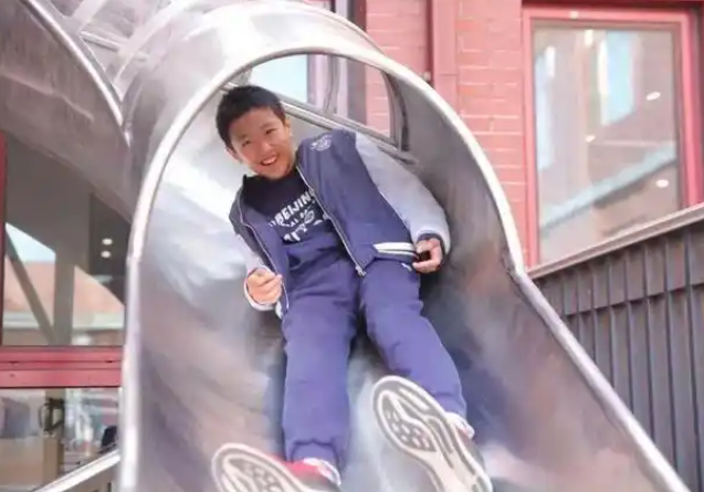 学校打破常规布局的圆形篮球场藏在树林间的流线型云梯攀爬区